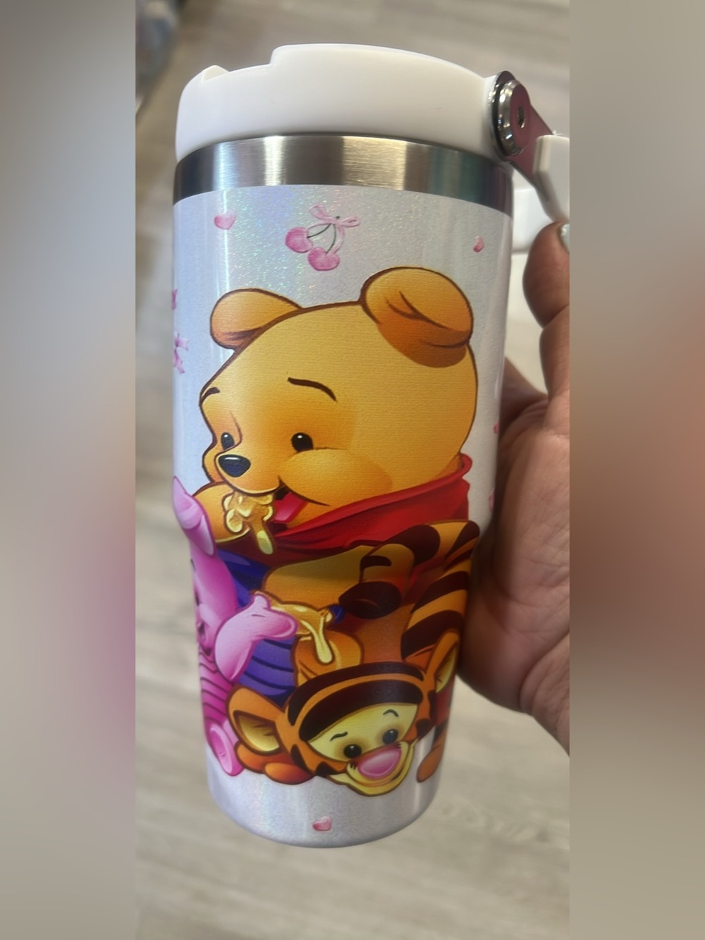 Stanley Pink and Purple Glitter Character Tumbler winni the Pooh